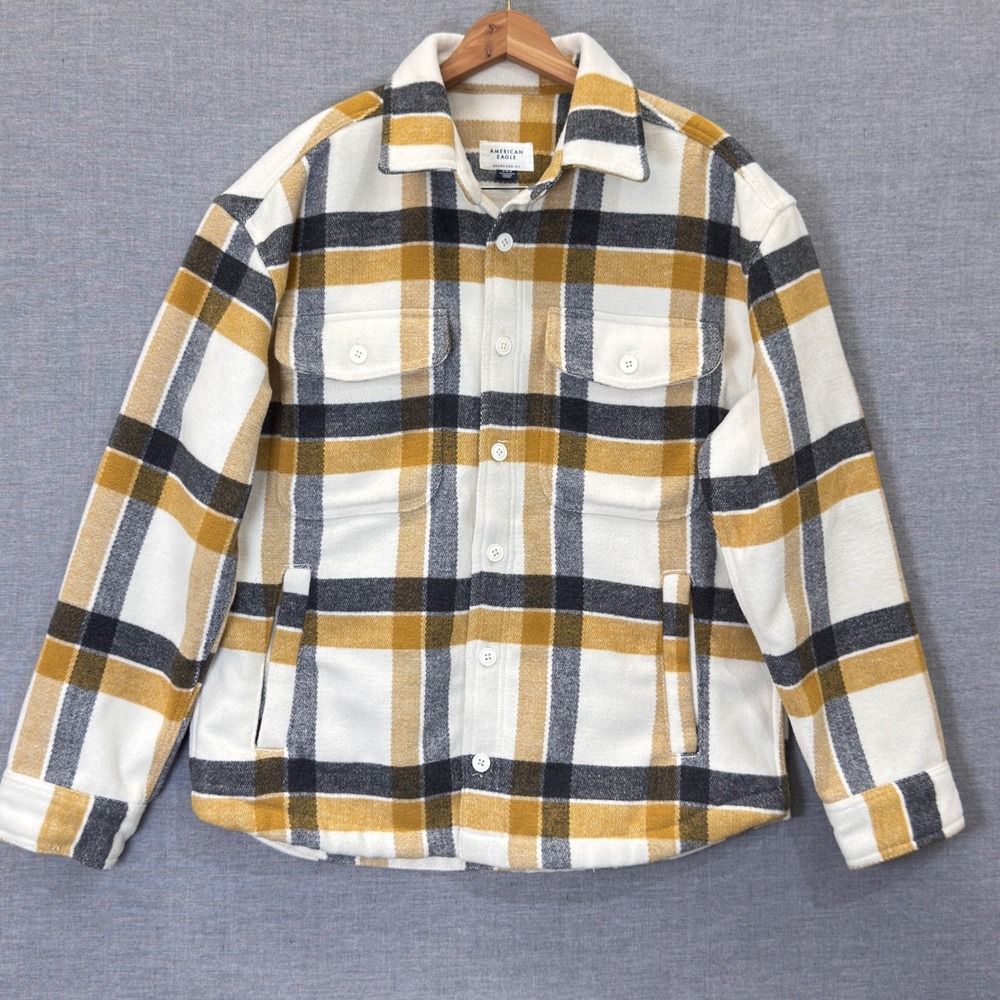 American Eagle Oversized Plaid Shacket Mustard Yellow Black White Medium